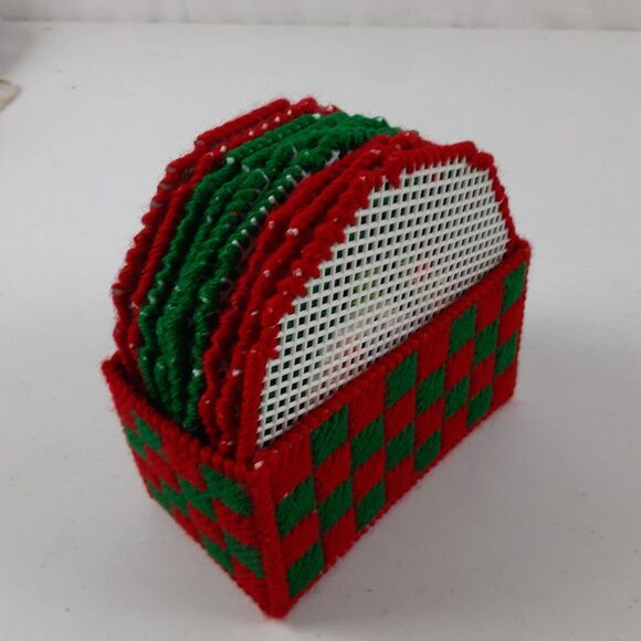 Vintage Handmade Needlepoint Canvas Christmas Coasters with Holder 9 Pc Snowmen - Picture 3 of 16